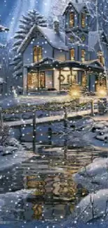 Enchanting winter house scene with snow, lights, and serene ambiance.