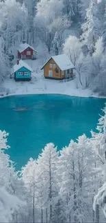Snow-covered trees and lakeside cabins in winter.
