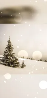 Snowy landscape with a pine tree and beige sky.