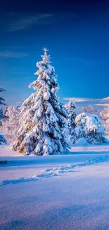 Snowy forest landscape with a bright blue sky.