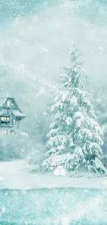 Snowy winter scene with tree and house.