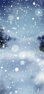 Snowy winter landscape with blue sky and snowflakes.