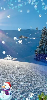 Snowy mountain landscape with a playful snowman and festive decorations.