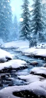 Serene snowy stream in a winter forest with falling snowflakes.