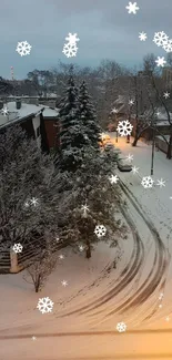 Snow-covered street with trees and houses on a peaceful winter morning.