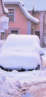 Snow-covered car on winter street with pastel houses.