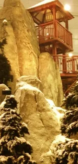 Snow-covered mountain with wooden gazebo.