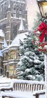 Snow-covered town with festive decor and church.