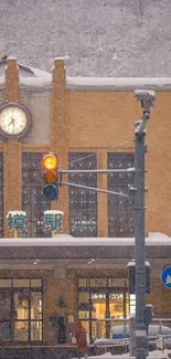 Snow-covered train station at dusk with vintage charm.