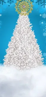 White Christmas tree on a blue background with snowflakes.