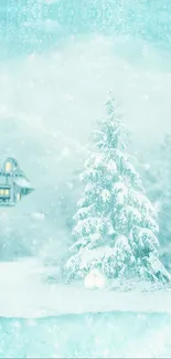 Serene snowy landscape with tree and cabin, perfect for winter wallpapers.