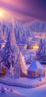 Quaint snowy village under a winter starry night sky.