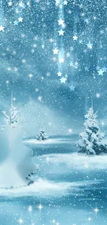 Snowy landscape with stars and trees on a winter wallpaper.