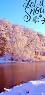 Snowy winter landscape with river and trees.