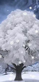 Snow-covered tree with snowflakes against a winter sky.