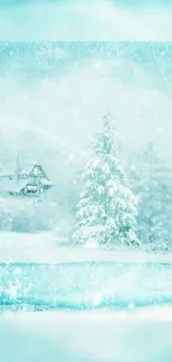 Serene winter wonderland with a snowy landscape and cozy cabin.