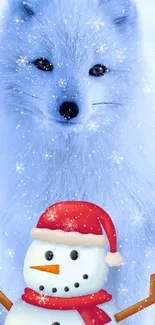 Winter snowman and Arctic fox wallpaper art.