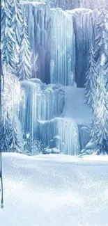 Frozen waterfall with icy trees and snow backdrop.