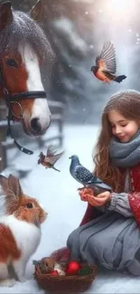 Girl surrounded by animals in a snowy forest.