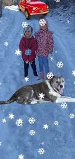 Snowy path with kids and dog, snowflakes falling amidst winter scenery.