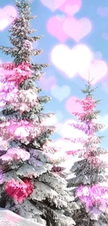 Snowy pine trees with pink heart bokeh under a clear blue sky.