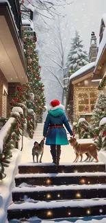 Festive winter scene with decorated houses, woman, and dogs in snow.