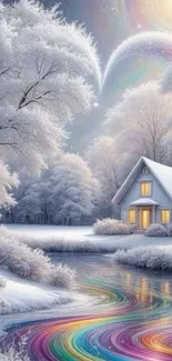 Serene winter landscape with rainbow river and snowy cabin.