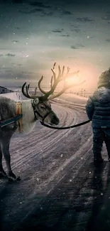 Child with reindeer on a snowy winter road under a serene sky.