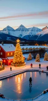 Scenic winter village with a Christmas tree and ice rink under snow-capped mountains.