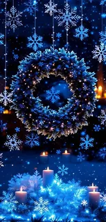 Winter wreath with snowflakes and candles in blue tones.