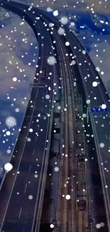 Snowy highway under a cloudy sky with falling snowflakes.