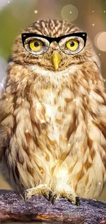 A wise owl with glasses perched on a tree branch in a forest setting.