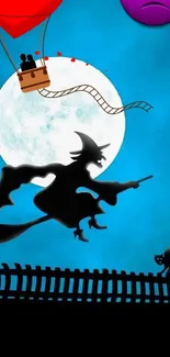 Silhouette of a witch flying over a cat with a moonlit background.