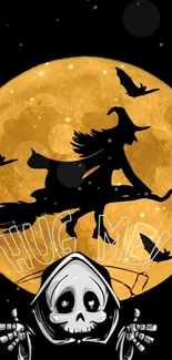 Halloween wallpaper with a witch flying across a full moon and bats in the night sky.