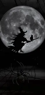 Witch flying across the full moon with a spider below in a dark evening scene.