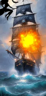 Fantasy wallpaper with witch, ship, and fiery explosion over ocean.