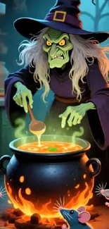 Witch stirring a cauldron with rats in a spooky kitchen.