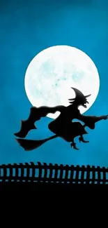 Silhouette of witch flying by full moon, dark cyan goth theme.