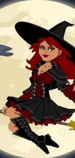 Red-haired witch flying across moonlit sky on a broomstick.