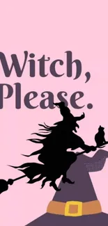 Whimsical wallpaper of a witch silhouette flying on a broomstick against a pink background.