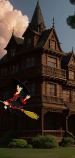 Witch flying by a Gothic mansion with a mystical, spooky ambiance.