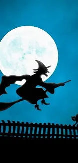 Witch flying under full moon with black cat on the ground.