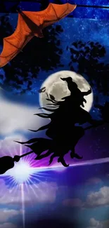 A witch flying with a bat against a moonlit night sky.