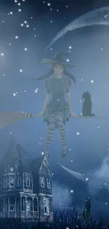 Fantasy art of witch on broomstick with starry night sky.