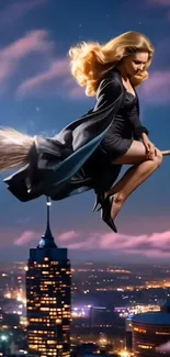 Witch flying over a cityscape at night.