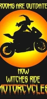 Witch riding motorcycle silhouetted against an orange circle, with playful Halloween text.