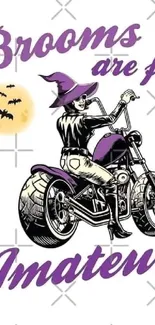 Witch riding a motorcycle graphic design with purple tones.