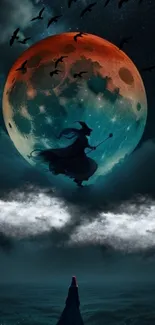 Silhouetted witch flying against a vibrant, dual-toned moon.