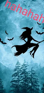 Witch silhouette flying before a full moon, creating a spooky Halloween vibe.