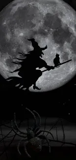 Witch and cat silhouetted against full moon with spider.